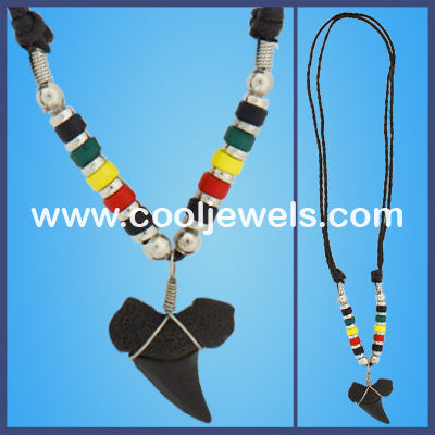 SLIDER NECKLACE WITH RASTA BEADS & IMITATION TOOTH PENDANT