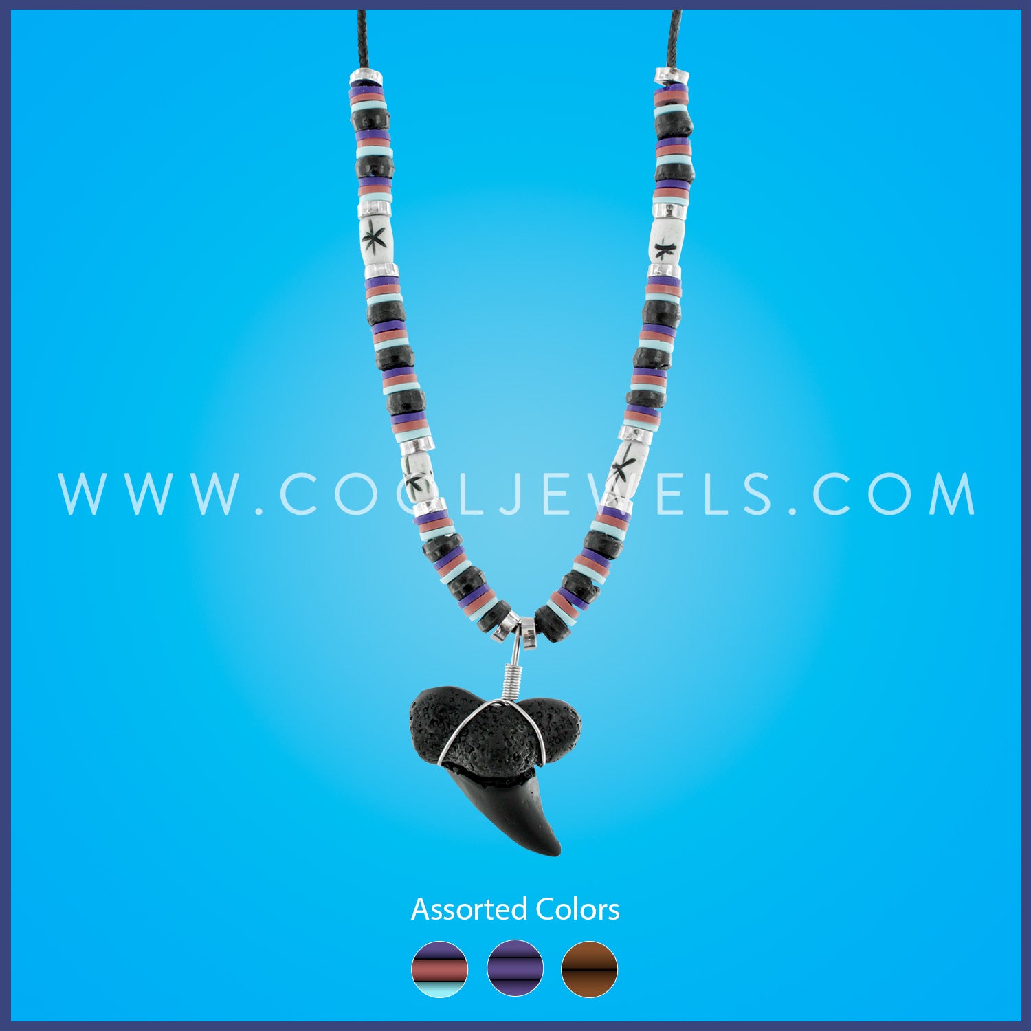 BLACK CORD NECKLACE WITH COCO BEADS, FIMO, & TUBE BEADS WITH IMITATION BLACK SHARK TOOTH PENDANT - ASSORTED COLORS Comes with assorted shark teeth. 
