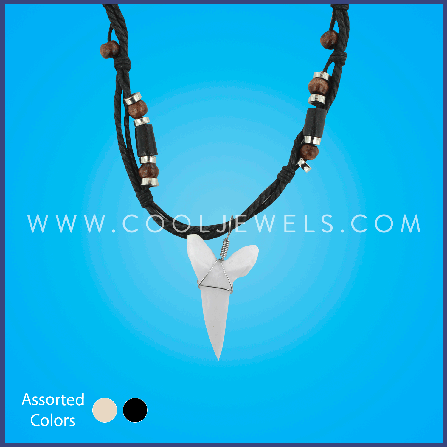 SLIDER CORD NECKLACE WITH BEADS & SHARK TOOTH Comes with assorted shark teeth.