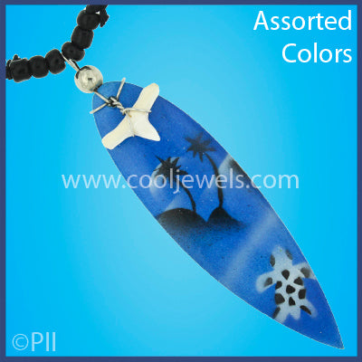 BLACK SLIDER CORD NECKLACE WITH SURFBOARD & IMITATION SHARK TOOTH