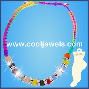 Rainbow Woven Slider Rhinestone Beaded Anklets