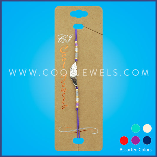 SLIDER CORD BRACELET WITH JAPANESE SEED BEADS & LEAF 