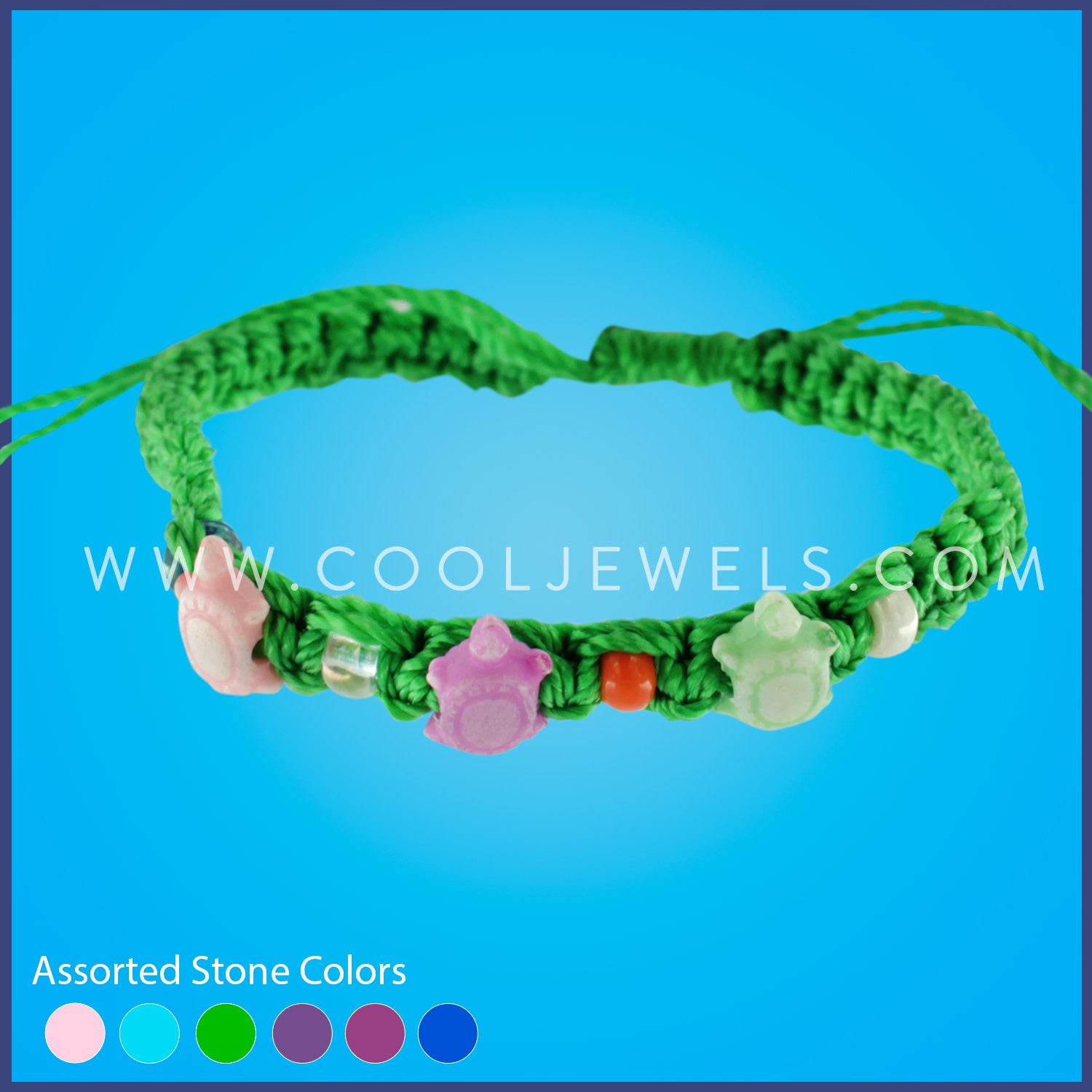 WOVEN SLIDER BRACELET WITH TURTLES &  BEADS CARDED 