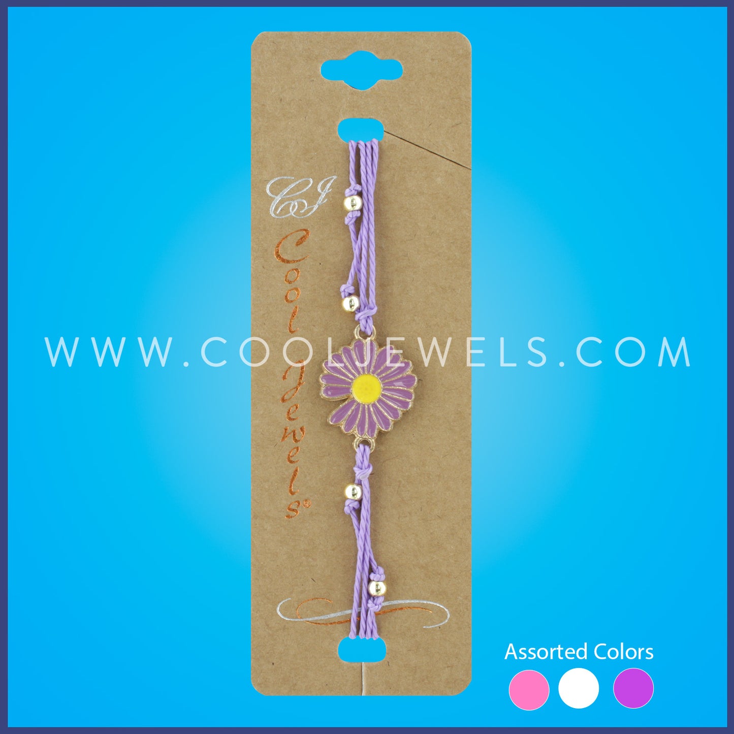 TWISTED STRING SLIDER BRACELET WITH COLORED FLOWERS CARDED