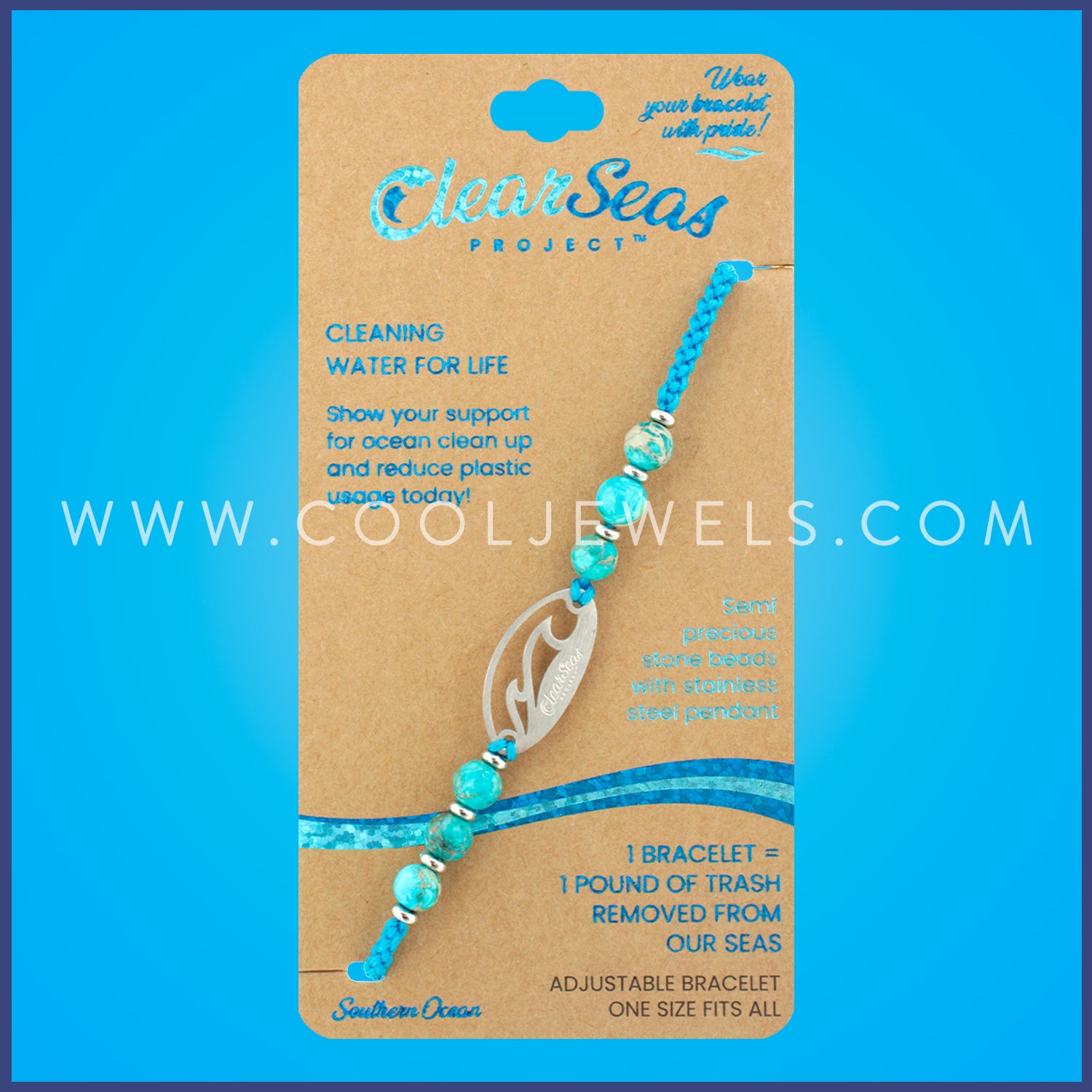 SLIDER BRACELET WITH SIX(6) TURQUOISE  BEADS AND ONE (1) "CLEAR SEAS LOGO"