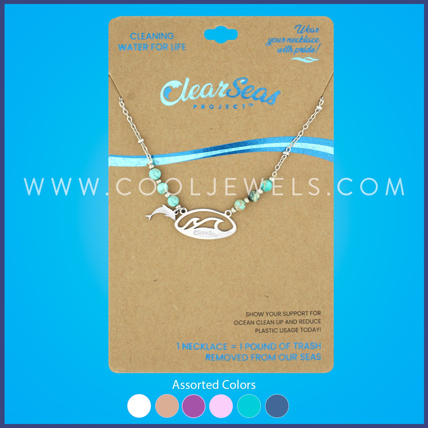 STAINLESS STEEL LINK CHAIN NECKLACE WITH STONE BEADS AND CLEAR SEAS PENDANT WITH DOLPHIN