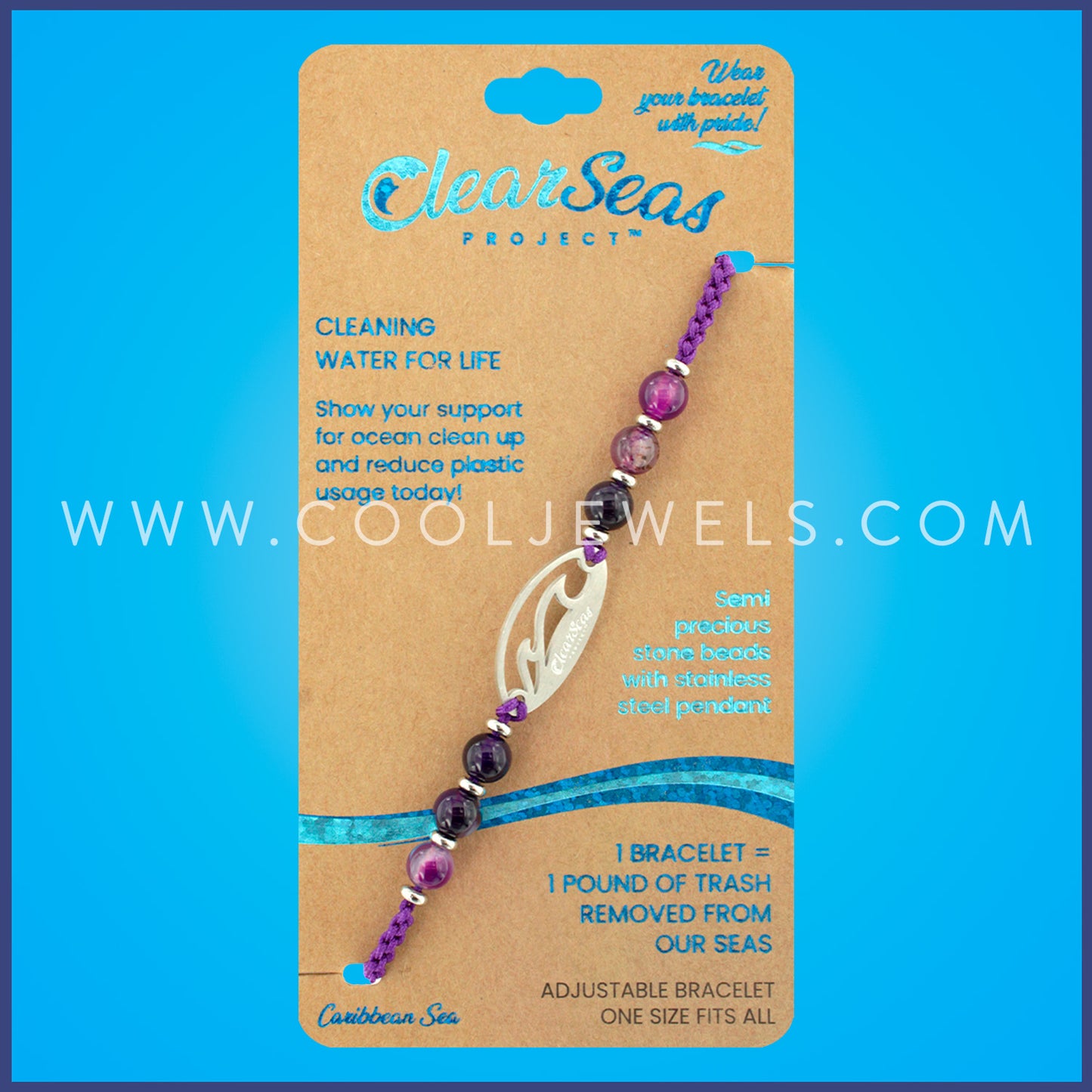 SLIDER BRACELET WITH SIX(6) PURPLE AGATE BEADS AND ONE (1) "CLEAR SEAS LOGO"