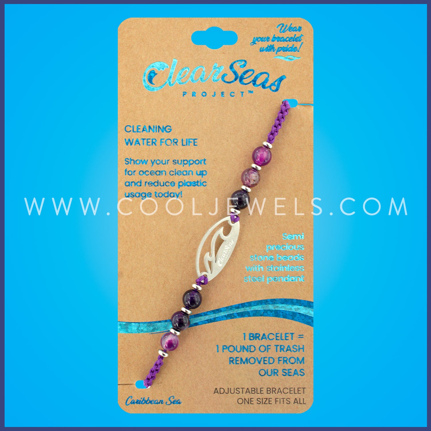 SLIDER BRACELET WITH SIX(6) PURPLE AGATE BEADS AND ONE (1) "CLEAR SEAS LOGO"