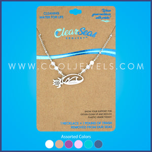 STAINLESS STEEL LINK CHAIN NECKLACE WITH STONE BEADS AND CLEAR SEAS PENDANT WITH TURTLE