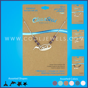 STAINLESS STEEL LINK CHAIN NECKLACE WITH STONE BEADS AND CLEAR SEAS PENDANT WITH SEALIFE