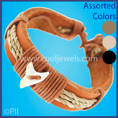 LEATHER SLIDER BRACELET WITH CORD & IMITATION TOOTH - ASSORTED COLORS