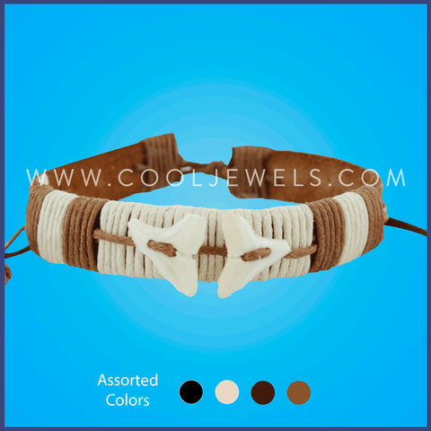 LEATHER BRACELET WITH IMITATION SHARK TEETH - ASSORTED COLORS