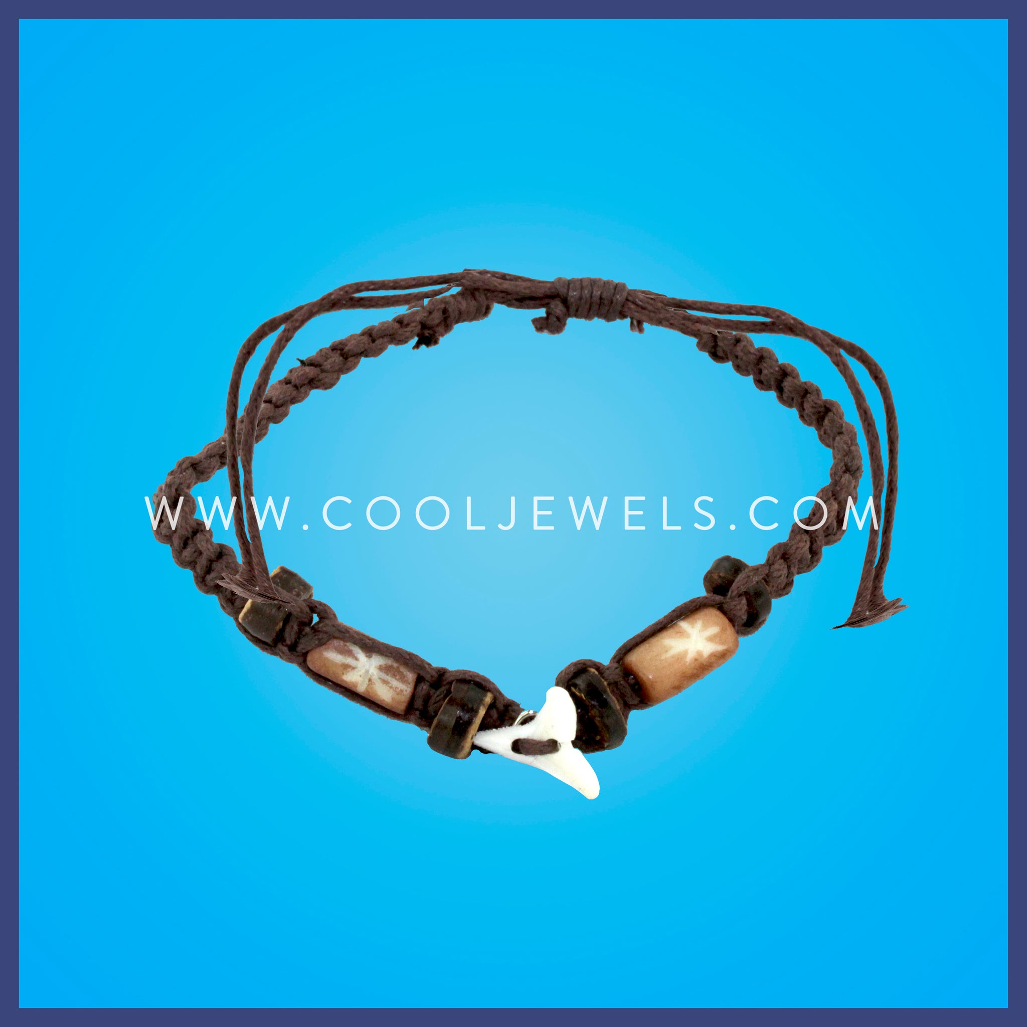 WOVEN SLIDER BRACELET WITH IMITATION SHARK TOOTH & COLORED BEADS - ASSORTED COLORS Comes with assorted shark teeth.
