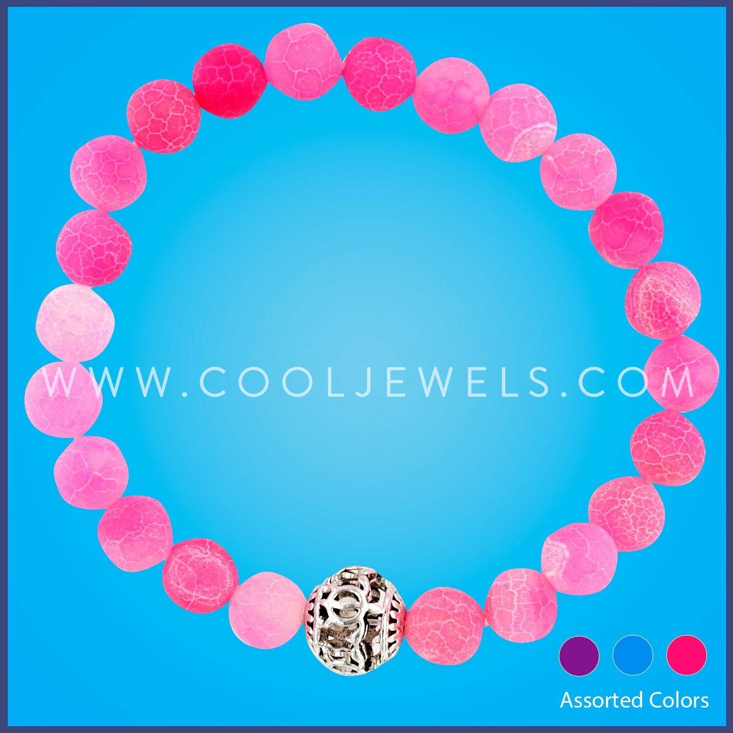 COLORED BEADED STRETCH BRACELET WITH CRACKED ICE COLORED BEADS & TURTLE BEAD 