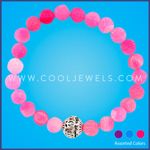 COLORED BEADED STRETCH BRACELET WITH CRACKED ICE COLORED BEADS & TURTLE BEAD 