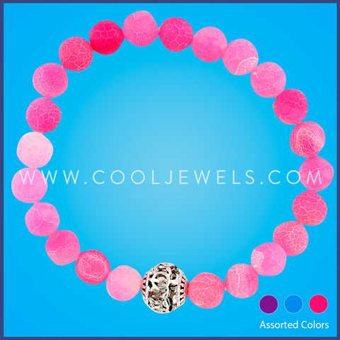 COLORED BEADED STRETCH BRACELET WITH CRACKED ICE COLORED BEADS & TURTLE BEAD 