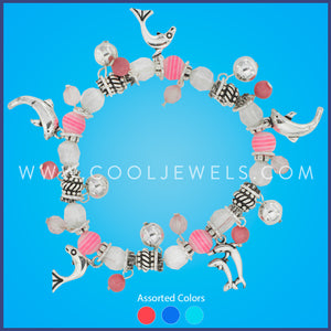 COLORED BEAD STRETCH BRACELET WITH SILVER DOLPHIN CHARMS 
