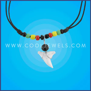 BLACK SLIDER CORD NECKLACE WITH COLORED BEADS & WRAPPED SHARK TOOTH Comes with assorted shark teeth.