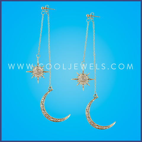 GOLD POST EARRINGS WITH  RHINESTONE MOON & STAR