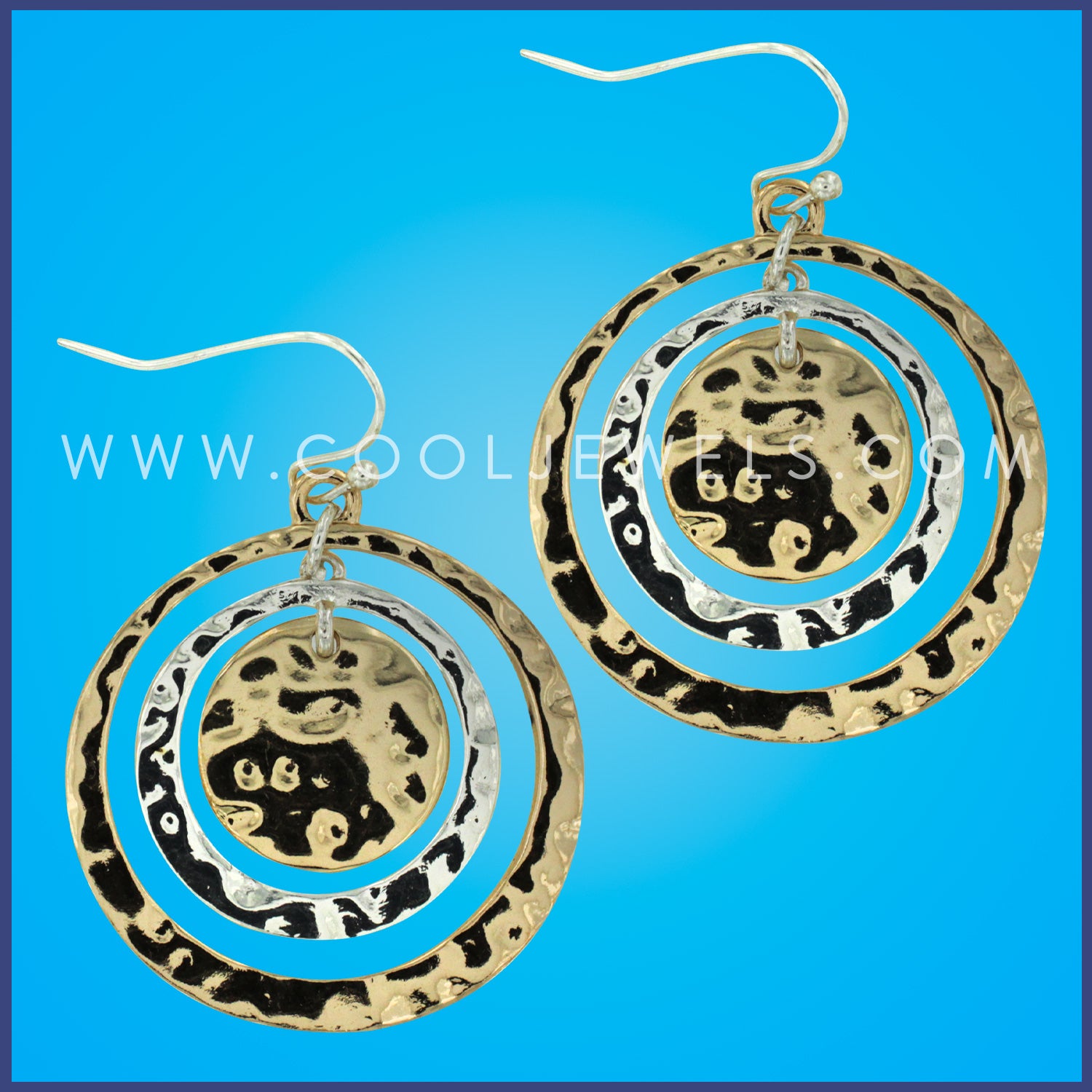 FISH HOOK EARRINGS WITH TEXTURED GOLD AND SILVER DISCS