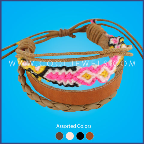 MULTI-STRAND BRACELET WITH LEATHER, CORD & WOVEN STRANDS 