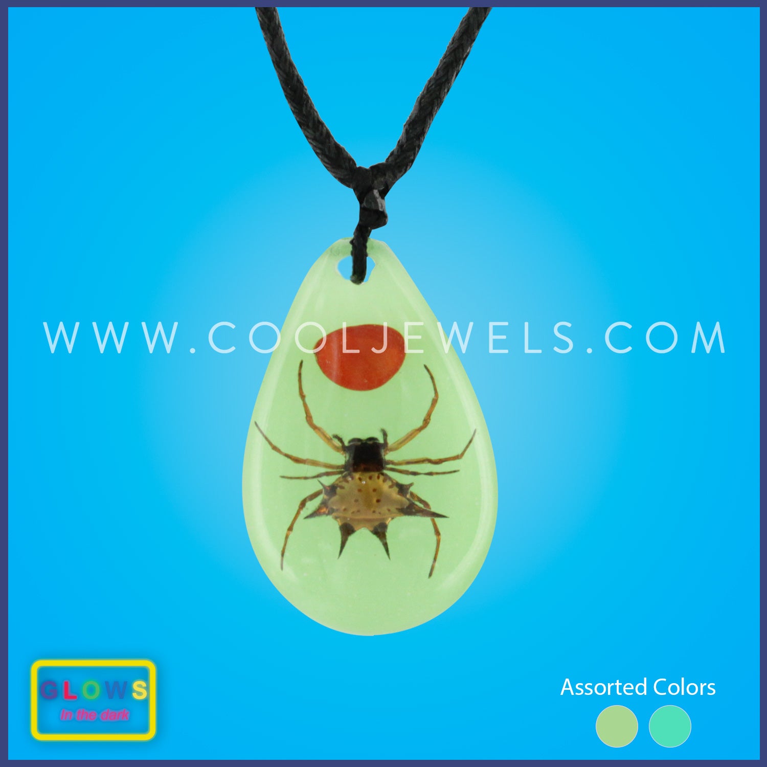 BLACK SLIDER CORD NECKLACE WITH GLOW-IN-THE-DARK SPIDER PENDANT