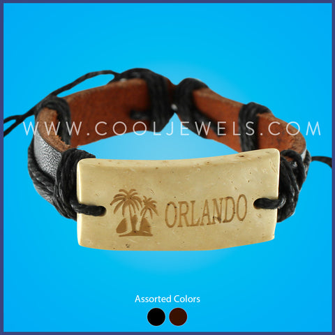 LEATHER SLIDER BRACELET WITH "ORLANDO" & PALM TREES - ASSORTED COLORS