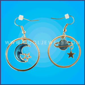 ROUND FISH HOOK EARRING WITH PLANETS AND STARS