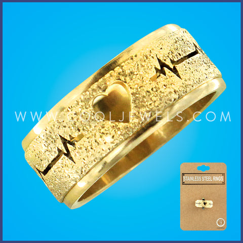 GOLD STAINLESS STEEL RING WITH HEARTBEAT CUTOUT AROUND BAND - CARDED