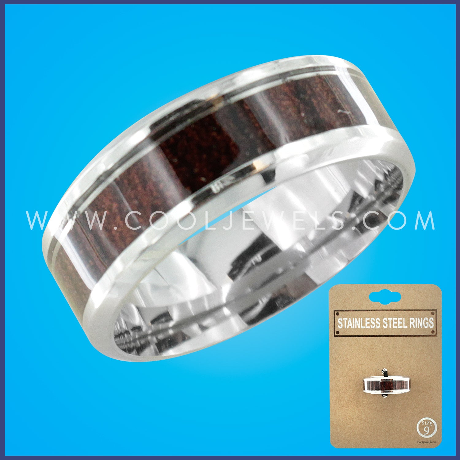STAINLESS STEEL RING WITH WOOD INLAY ASSORTED COLORS