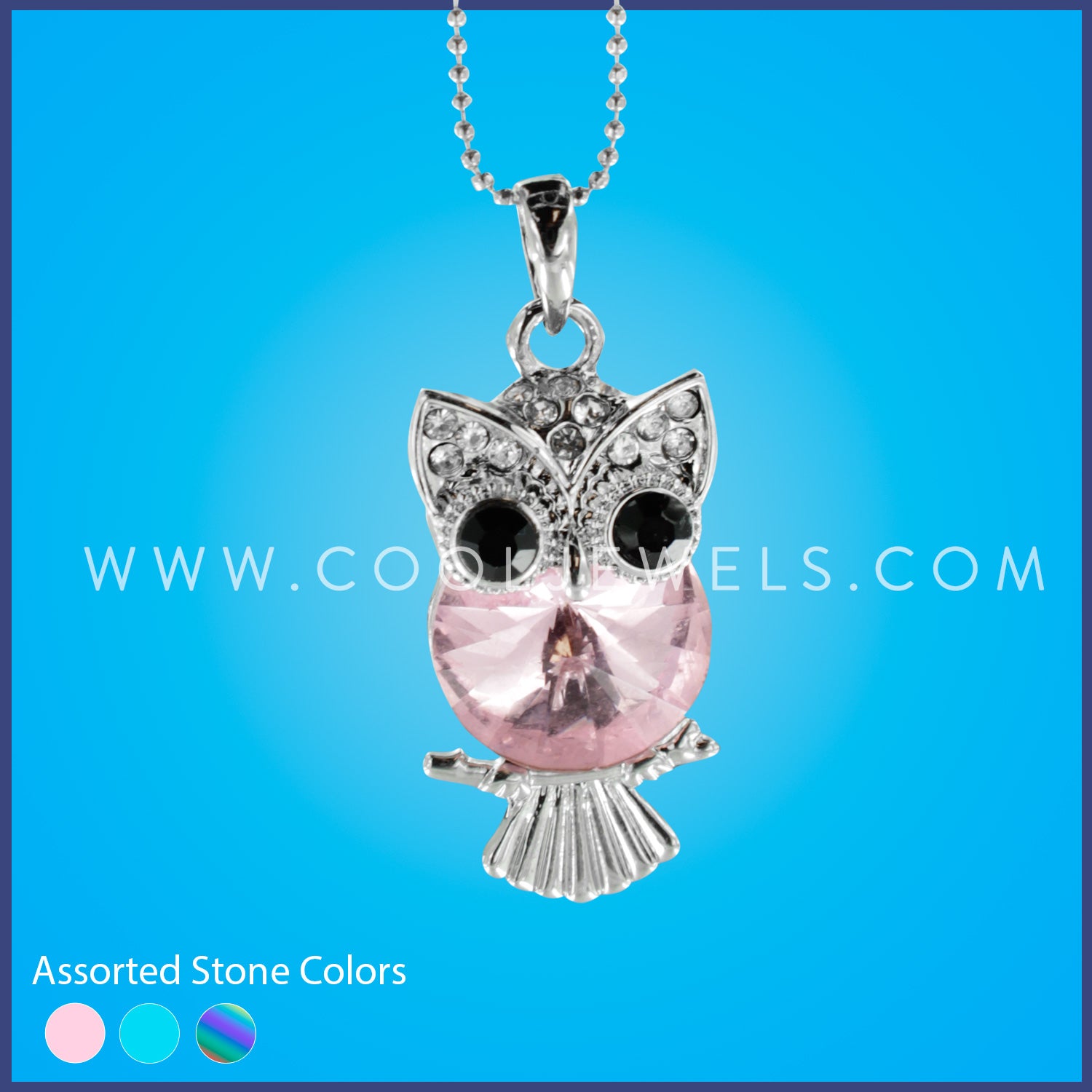 SILVER BALL CHAIN NECKLACE WITH CRYSTAL & RHINESTONE OWL