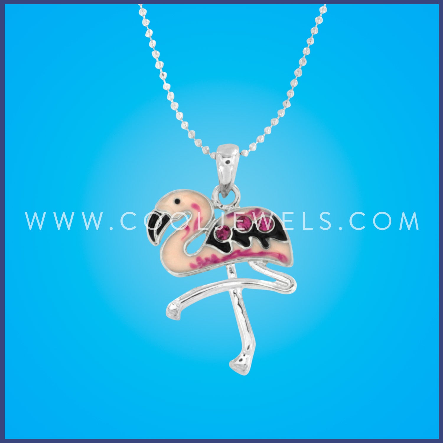 BALL CHAIN NECKLACE WITH PINK ENAMEL FLAMINGO PENDANT