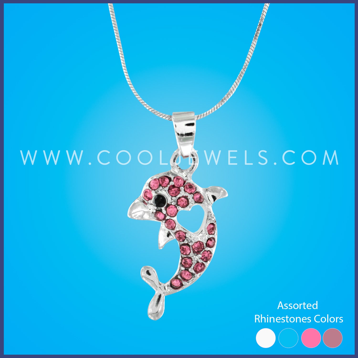 SILVER SNAKE CHAIN NECKLACE WIHT RHINESTONE DOLPHIN & HEART - ASSORTED