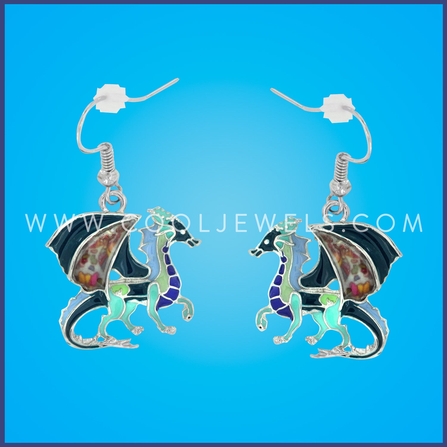 FISH HOOK EARRINGS WITH COLORFUL DRAGONS
