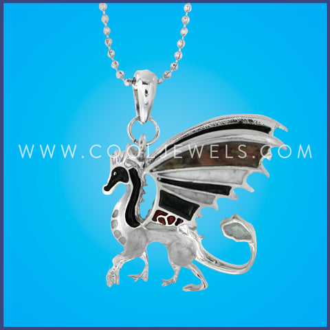BALL CHAIN NECKLACE WITH BLK & WHITE ENAMEL DRAGON PENDANT