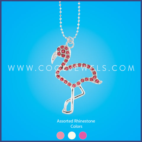 SILVER BALL CHAIN NECKLACE WITH RHINESTONE FLAMINGO - ASSORTED