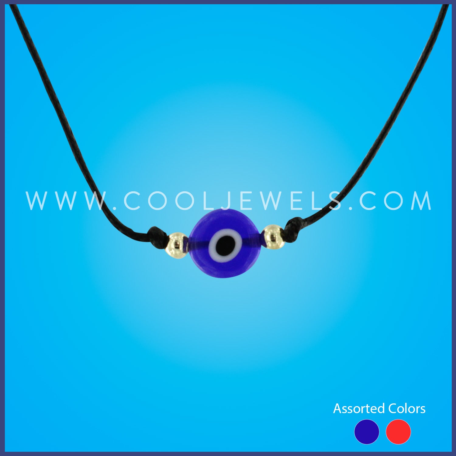BLACK CORD NECKLACE WITH EVIL EYE BEAD ASSORTED - CARDED