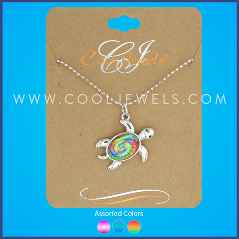 LINK CHAIN NECKLACE WITH TIE DYE TURTLE PENDANT - ASSORTED