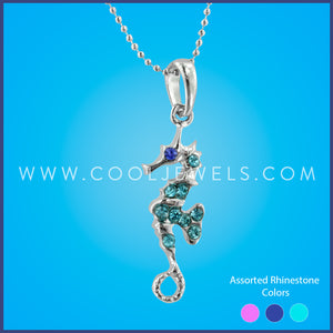 SILVER BALL CHAIN NECKLACE WITH RHINESTONE SEAHORSE 