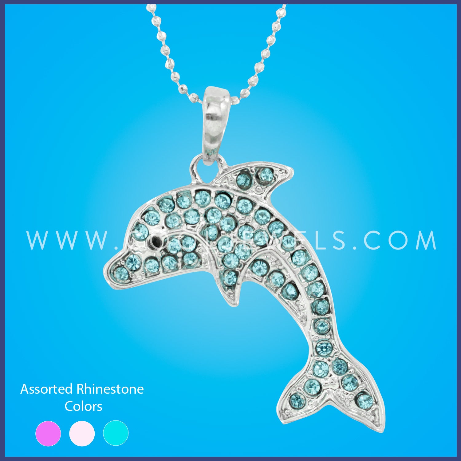 SILVER BALL CHAIN NECKLACE WITH RHINESTONE DOLPHIN 