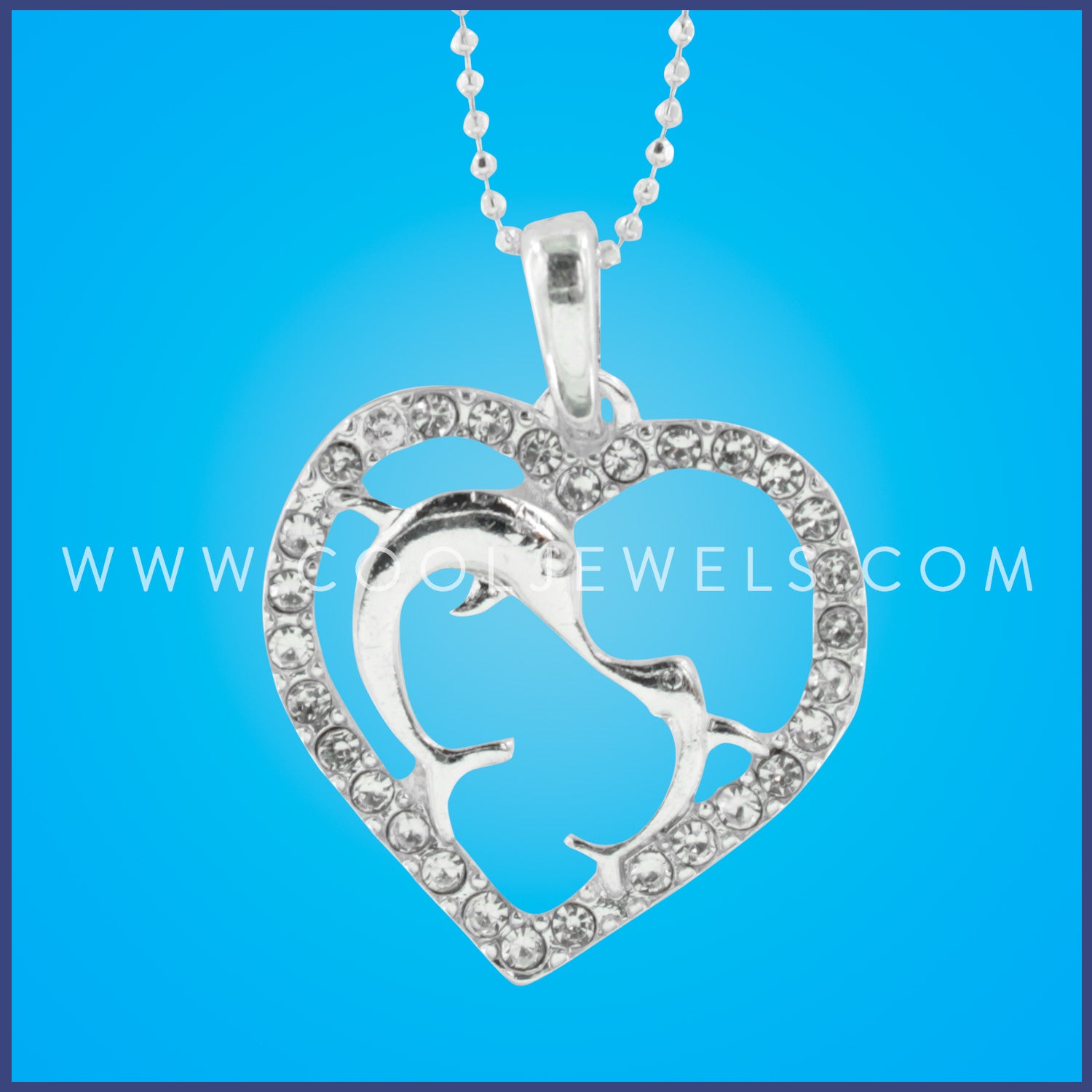 SILVER BALL CHAIN NECKLACE WITH RHINESTONE HEART & SILVER DOUBLE DOLPHINS