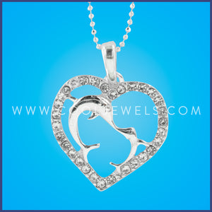 SILVER BALL CHAIN NECKLACE WITH RHINESTONE HEART & SILVER DOUBLE DOLPHINS