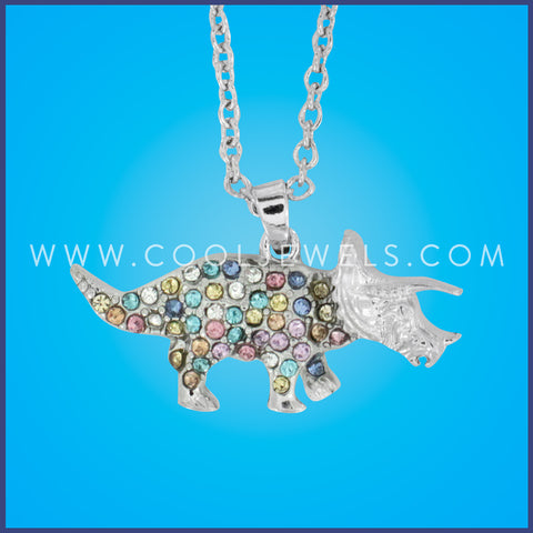 LINK CHAIN NECKLACE WITH PASTEL RHINESTONE TRICERATOPS PENDANT