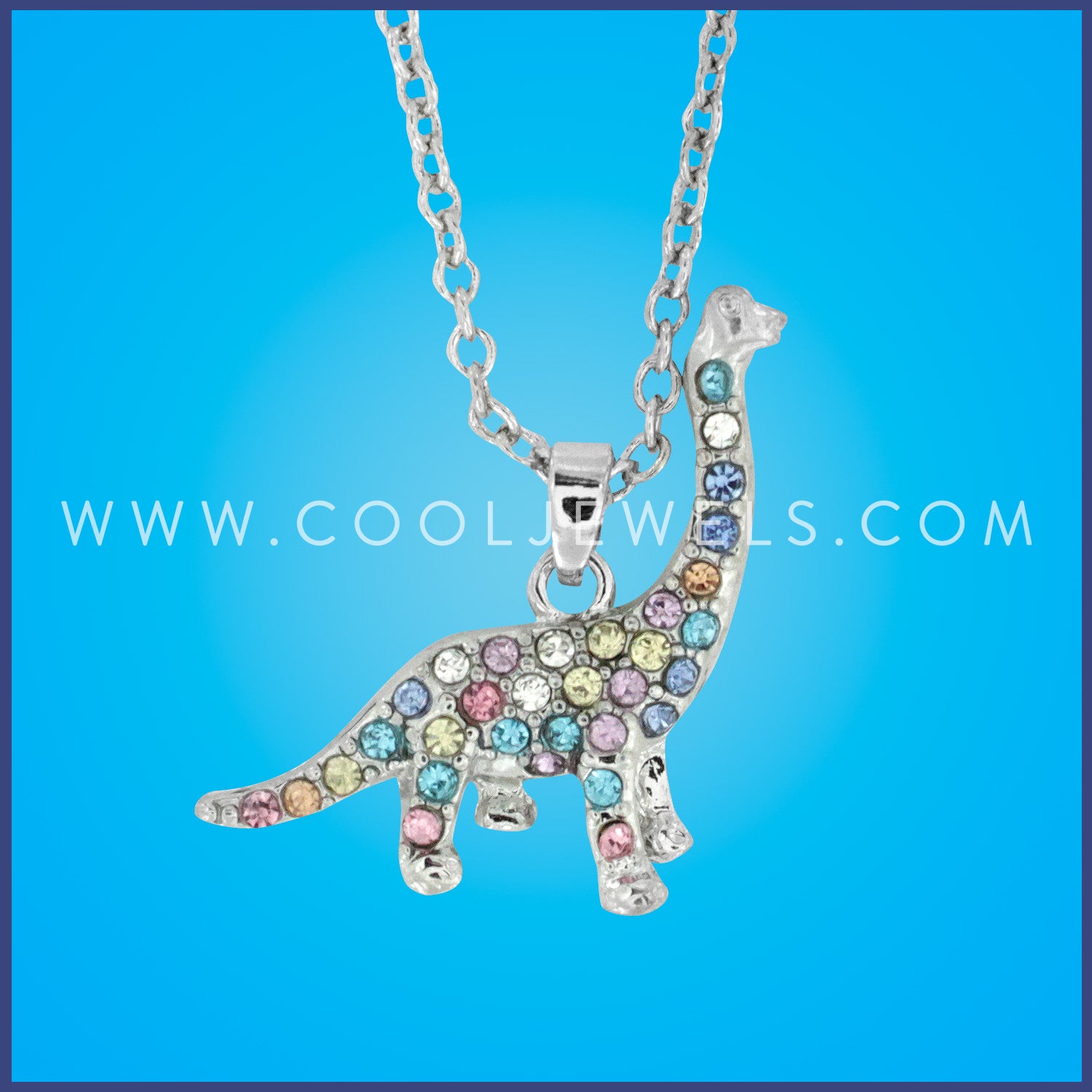 LINK CHAIN NECKLACE WITH PASTEL RHINESTONE BRONTOSAURUS PENDANT