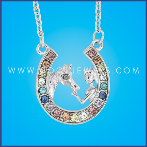 LINK CHAIN NECKLACE WITH PASTEL RHINESTONE HORSESHOE PENDANT