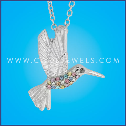 LINK CHAIN NECKLACE WITH PASTEL RHINESTONE HUMMINGBIRD PENDANT