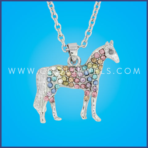 LINK CHAIN NECKLACE WITH PASTEL RHINESTONE HORSE PENDANT