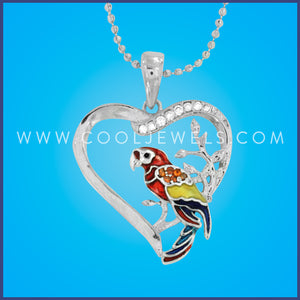 BALL CHAIN NECKLACE WITH HEART PENDANT WITH RHINESTONE & ENAMEL PARROT