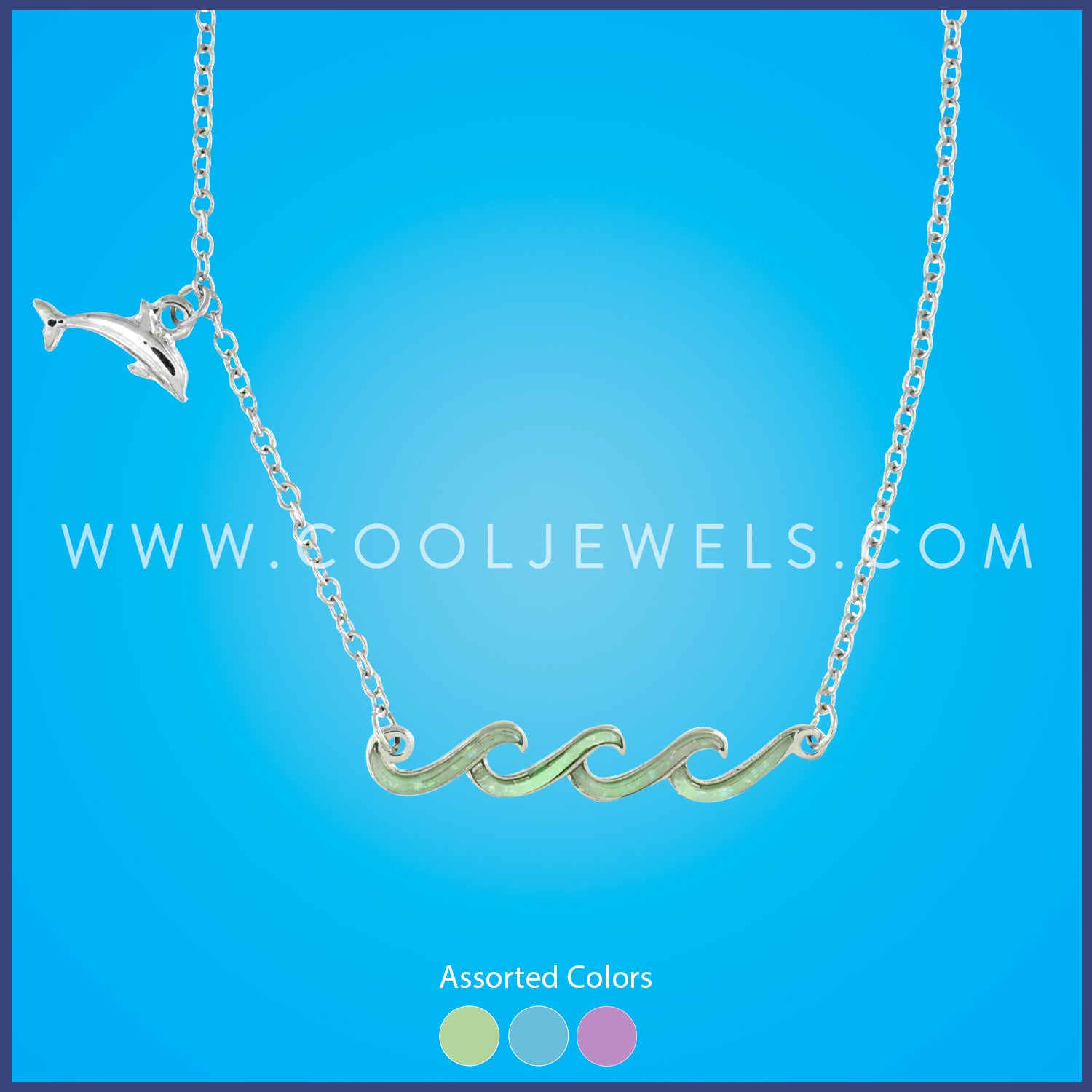 LINK CHAIN NECKLACE WITH COLORED WAVE PENDANT & DOLPHIN CHARM ASSORTED - CARDED