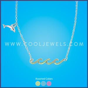 LINK CHAIN NECKLACE WITH COLORED WAVE PENDANT & DOLPHIN CHARM ASSORTED - CARDED